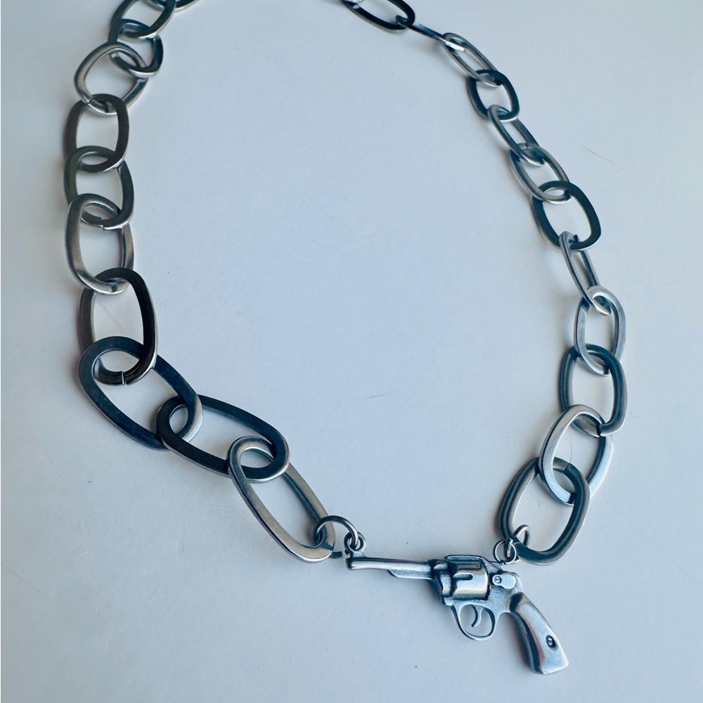 Chunky Silver Chain w/ Gun Charm Necklace